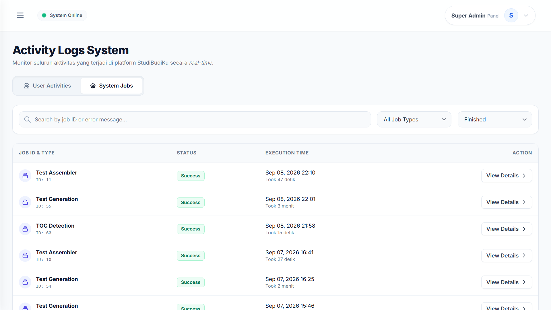 Tampilan Log Aktivitas Sistem di StudiBudiKu