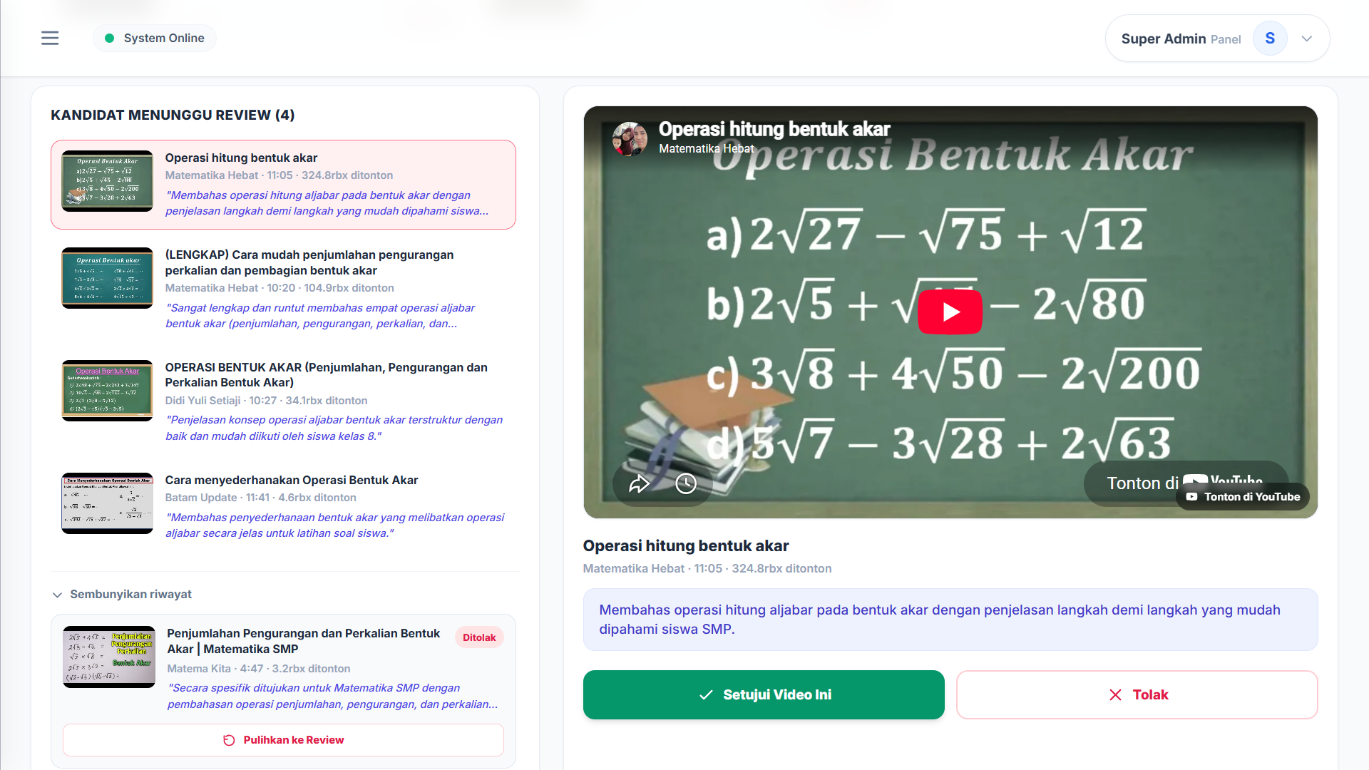 Tampilan Video belajar yang sudah dikurasi di StudiBudiKu
